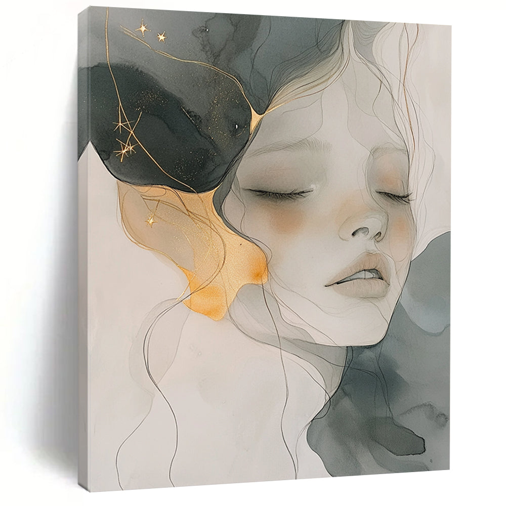 Contemporary abstract artwork features soft watercolor and ink wash with gold accents gentle color palette and ethereal ambience capturing serenity and fluidity. DLZ0786