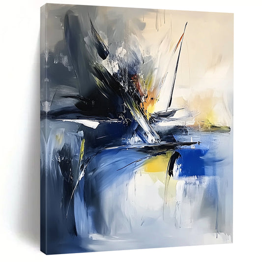 Modern abstract painting showcasing thick brush strokes and textured palette knife techniques in vibrant sea-inspired colors featuring a small sailboat in the corner. DLZ0957