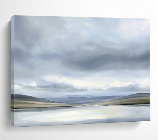 “Soft Gray Landscape” - Gray, Beige, Subtle Hills and Calm Water Painting On Canvas HB0920