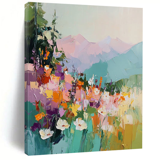 Vibrant contemporary abstract painting with thick brushstrokes depicting colorful wildflowers mountains and a dramatic sky in rich hues. DLZ0418