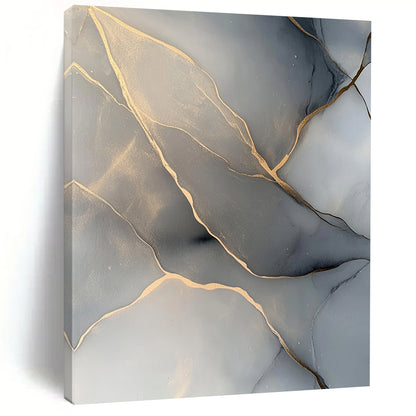 Gray, Gold, Veined Patterns "Marble Majesty" Abstract Painting On Canvas HB040