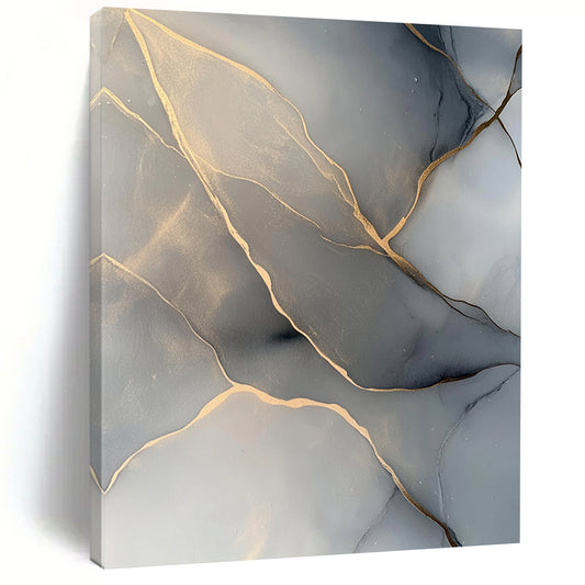 Gray, Gold, Veined Patterns "Marble Majesty" Abstract Painting On Canvas HB040