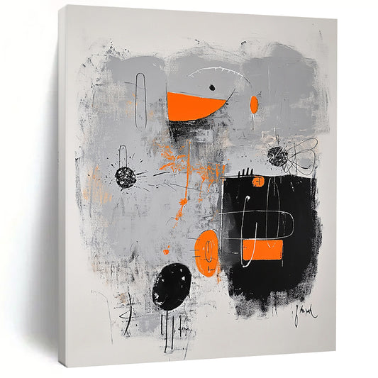 Black, Gray, Orange and White Abstract Fusion "Creative Spark" Painting On Canvas HB328