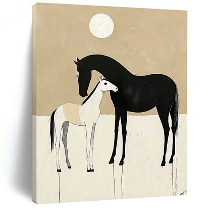 Contemporary abstract art featuring minimalist black and white horses in love against a beige background with a moon. Perfect for modern decor. DLZ1608