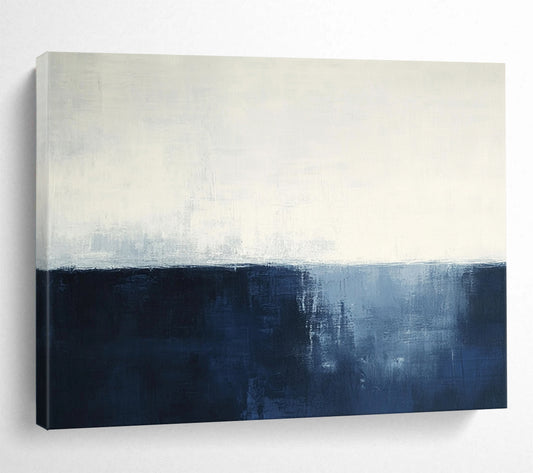 “Navy - White Abstract Horizon” - Navy, White, Subtle Horizon Painting On Canvas HB0833