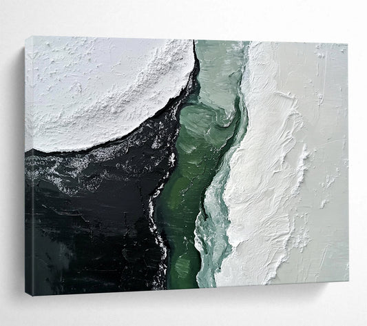 “Contrast of Textured Shapes” - White, Black, Green, Textured Abstract Painting On Canvas HB0732