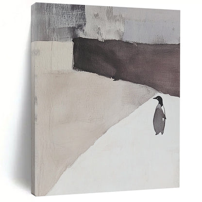 Contemporary hand-painted abstract artwork featuring an elegant white and gray landscape with a penguin silhouette and serene negative space. DLZ1725
