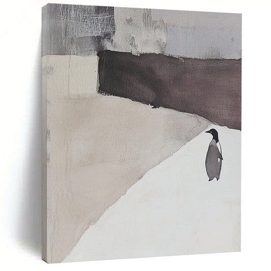 Contemporary hand-painted abstract artwork featuring an elegant white and gray landscape with a penguin silhouette and serene negative space. DLZ1725