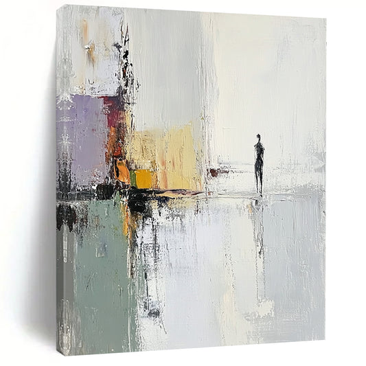 Large contemporary hand-painted abstract artwork featuring a woman by the water with soft tones and impressionist brushstrokes for a serene atmosphere. DLZ1397