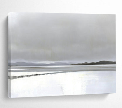 “Misty Lake Landscape” - Gray, white, blue, minimalist, Landscape Painting HB0624