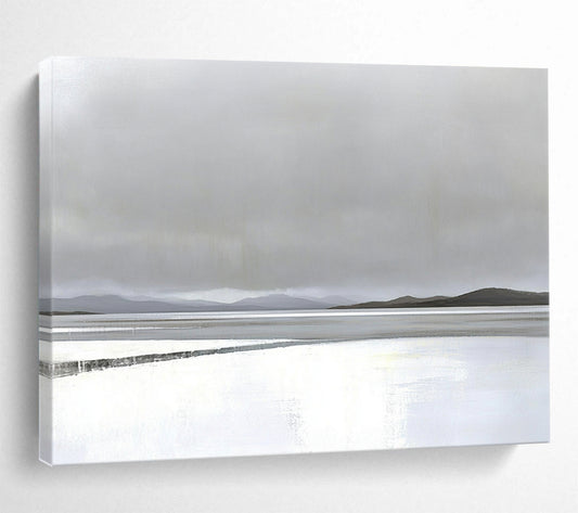 “Misty Lake Landscape” - Gray, white, blue, minimalist, Landscape Painting HB0624