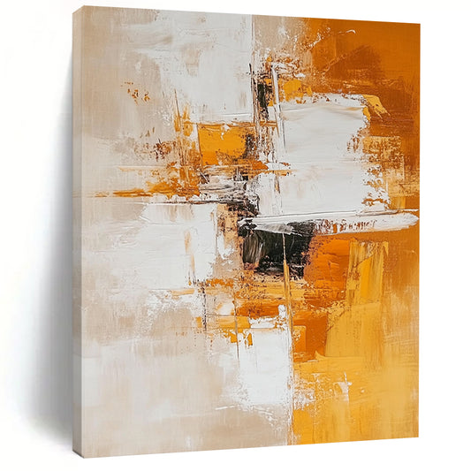 Contemporary hand-painted abstract artwork featuring white and amber tones with geometric shapes creating depth and calmness on a light orange background. DLZ0777
