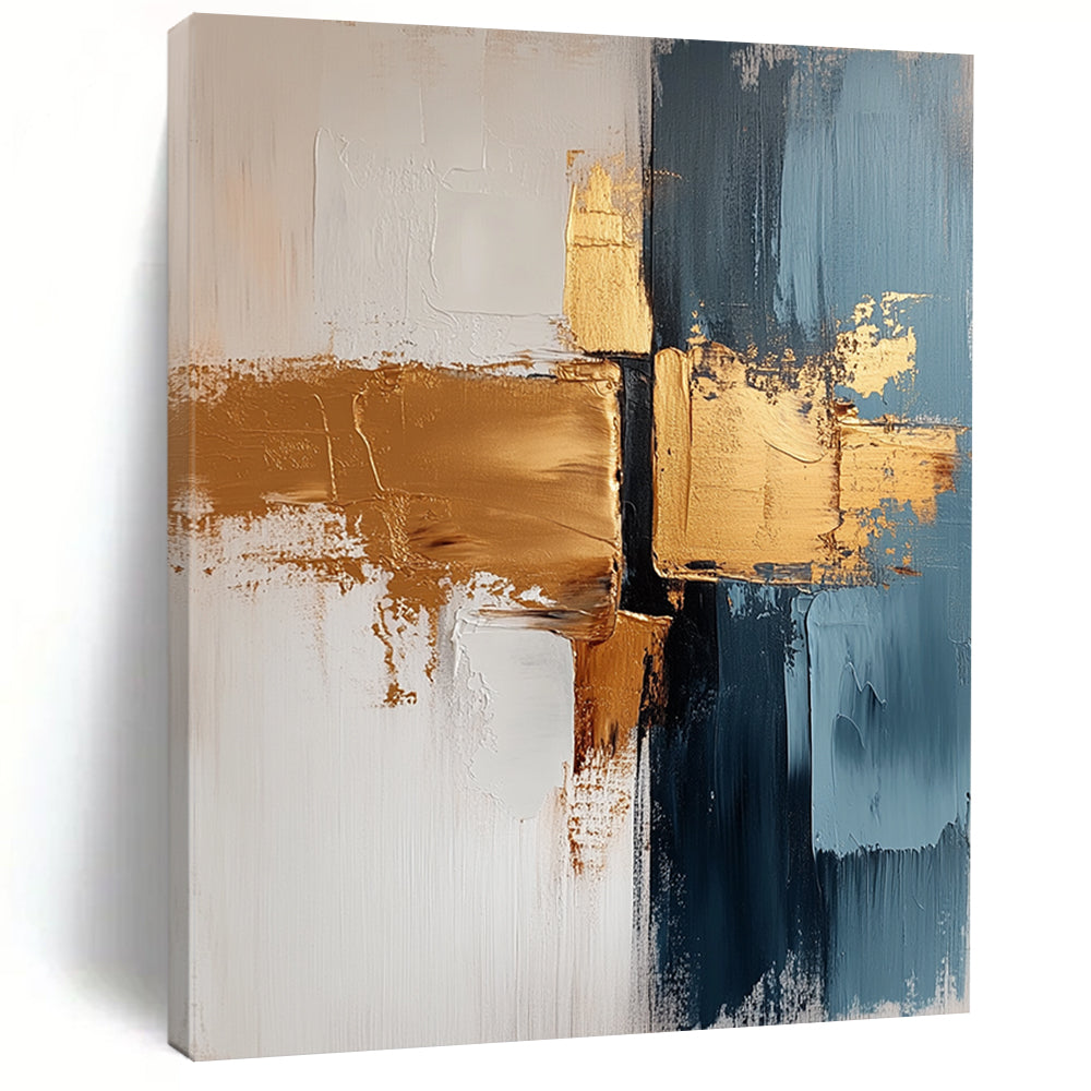 Contemporary abstract painting features a white background with gold and gray brush strokes delivering tranquility and elegance suitable for living room or bedroom decor. DLZ0689