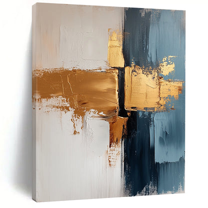 Contemporary abstract painting features a white background with gold and gray brush strokes delivering tranquility and elegance suitable for living room or bedroom decor. DLZ0689