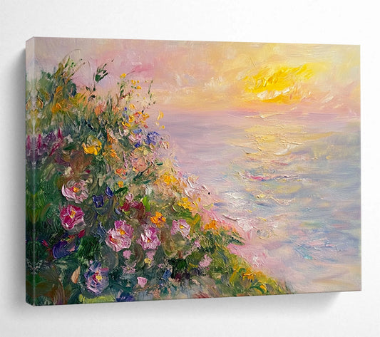 “Seaside Floral Sunset” - Pink, Yellow, Floral & Sea Oil Painting On Canvas HB0716