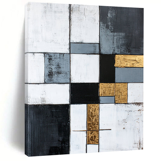 Gray, White, Gold, Black, Patchwork Squares "Gilded Harmony" Abstract Neo - Platicist Painting On Canvas HB150