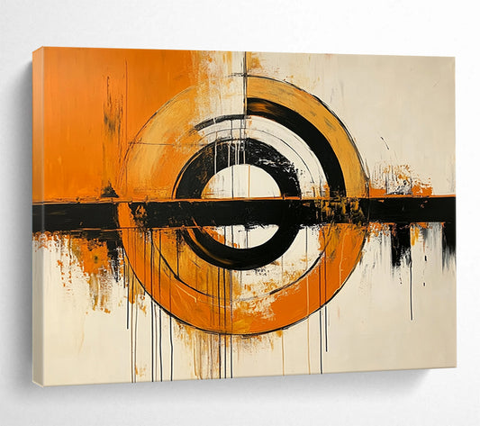 “Orange, Black, and White Abstract Circles” - Orange, black, white; Abstract circles with drips; Acrylic Painting On Canvas HB1224