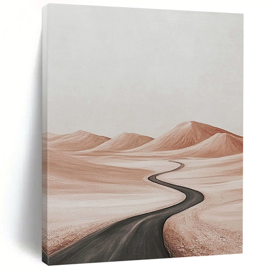 Contemporary abstract painting featuring a tranquil desert road with distant hills in subtle light browns and grays against a white background for serene ambiance. DLZ1451