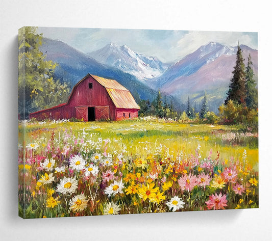 “Mountain Valley Barn” - Lush Greens, Yellows, Pinks, Barn in Flower - Filled Valley - Romantic Oil Painting HB1692