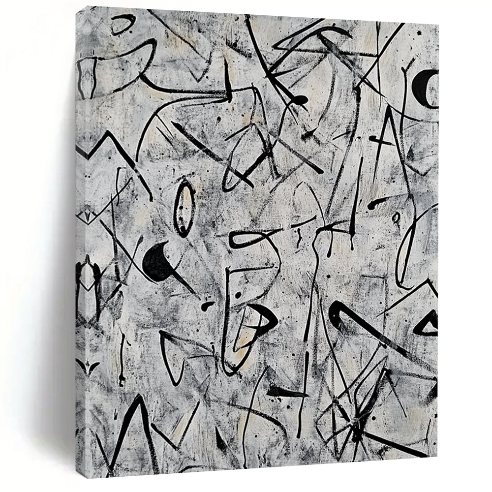 Contemporary abstract artwork featuring intricate doodles and shapes in black ink on a grey background inspired by Pollock and Basquiat. DLZ0628