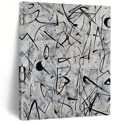 Contemporary abstract artwork featuring intricate doodles and shapes in black ink on a grey background inspired by Pollock and Basquiat. DLZ0628