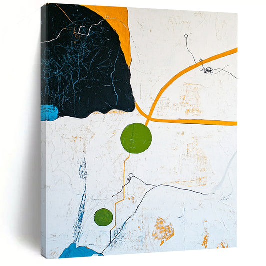 Contemporary hand-painted abstract artwork featuring an aerial landscape with blue sky yellow paths and green circle in a minimalist composition. DLZ0569