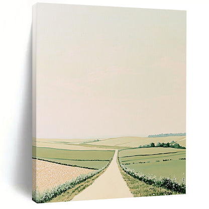 Contemporary hand-painted abstract art featuring rolling green fields and minimalistic Scandinavian style in muted pastels on a beige background. DLZ1503