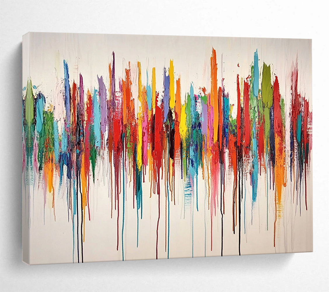“Colorful Dripping Melody” - Rainbow hues; Vertical colorful drips on a white background; Drip - style Acrylic Painting On Canvas HB1197
