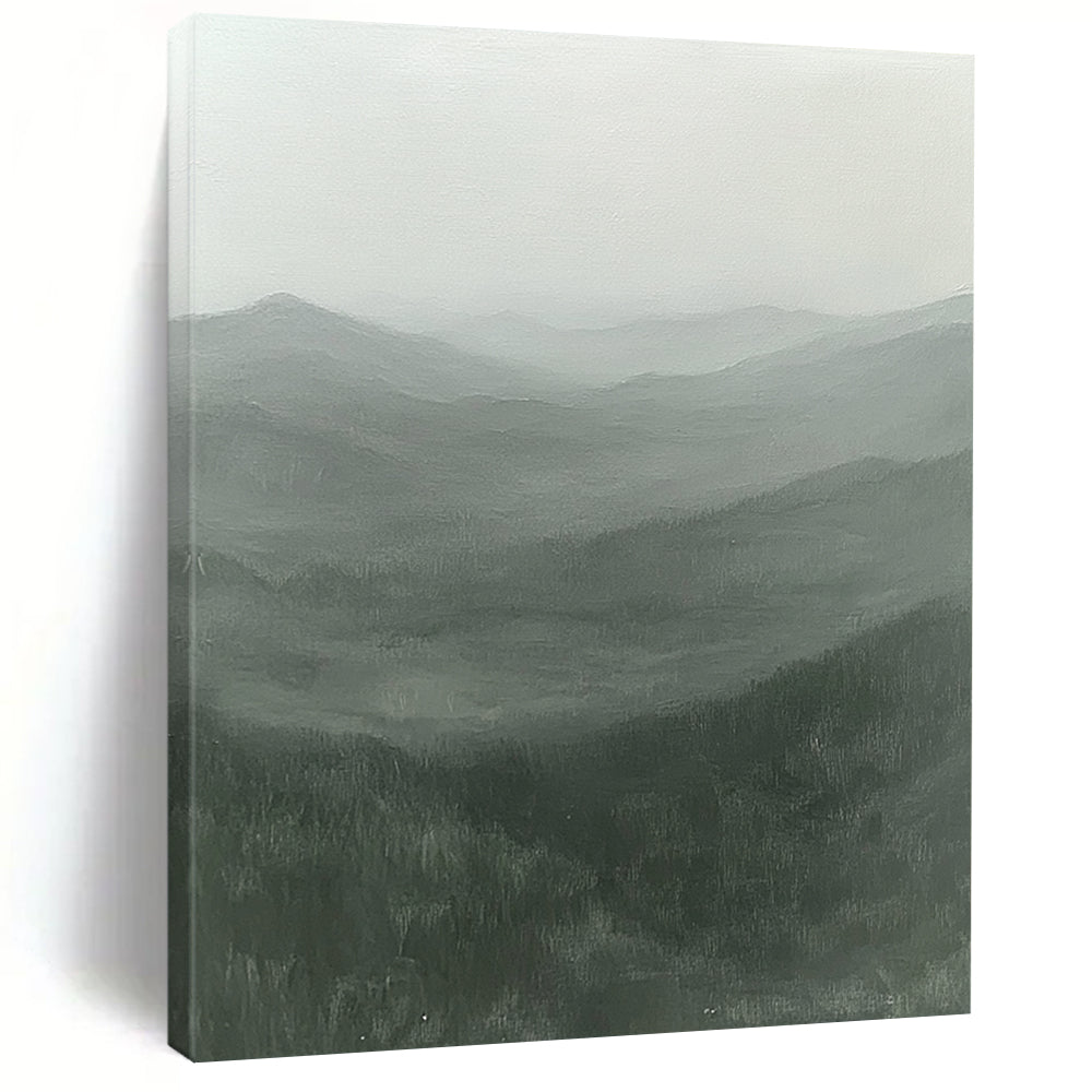 Contemporary hand-painted abstract artwork showcasing misty rugged mountains in serene greens and grays with an ethereal light, inviting solitude and mystery. DLZ0845
