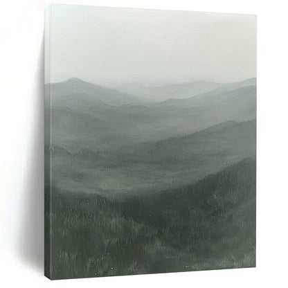 Contemporary hand-painted abstract artwork showcasing misty rugged mountains in serene greens and grays with an ethereal light, inviting solitude and mystery. DLZ0845