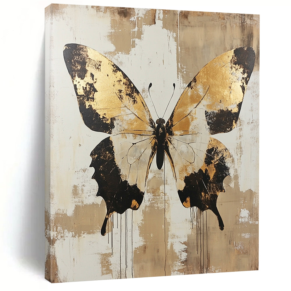 Large contemporary hand-painted abstract artwork featuring distressed butterfly design in gold and beige tones adding elegance to any space. DLZ1562
