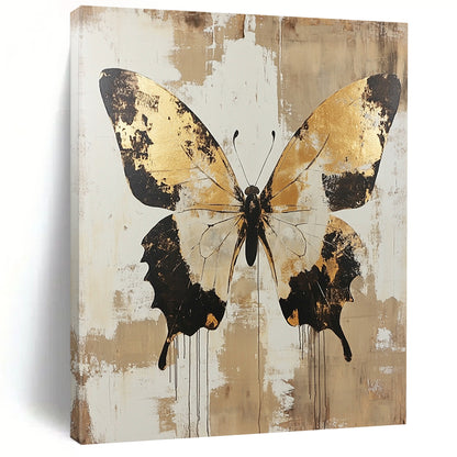 Large contemporary hand-painted abstract artwork featuring distressed butterfly design in gold and beige tones adding elegance to any space. DLZ1562