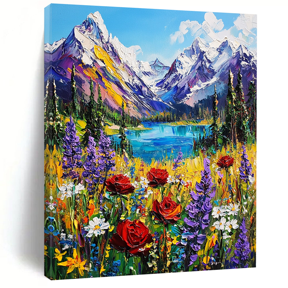 Contemporary hand-painted abstraction featuring vibrant British Columbia mountains snow-capped peaks lush forests and colorful wildflowers in an alpine meadow. DLZ1498