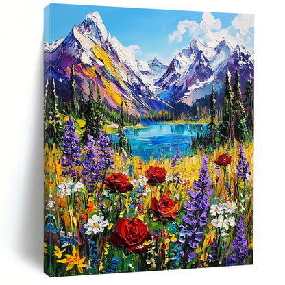 Contemporary hand-painted abstraction featuring vibrant British Columbia mountains snow-capped peaks lush forests and colorful wildflowers in an alpine meadow. DLZ1498