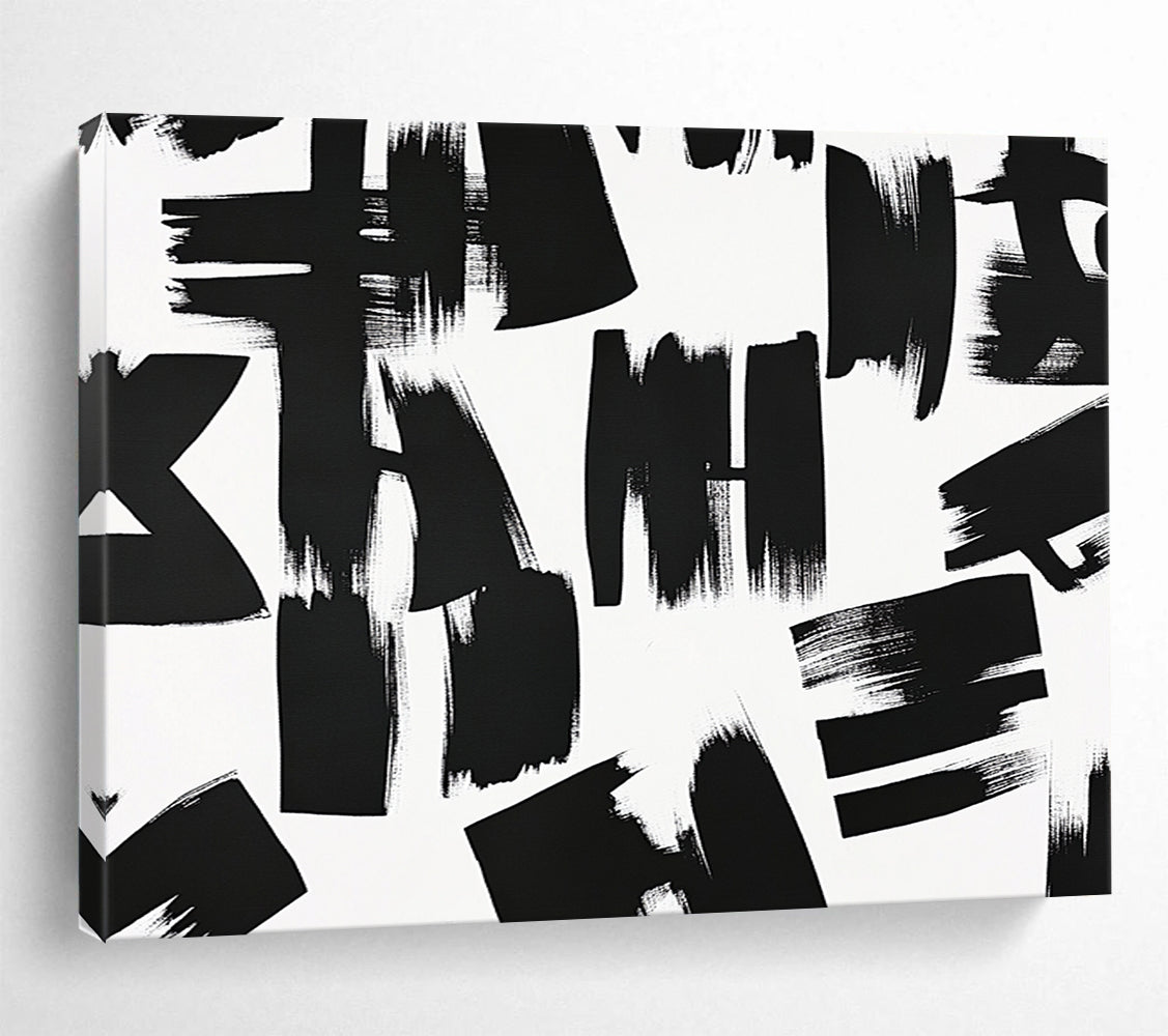 “Chaotic Black - White Brush Marks” - Black, White, Dynamic Marks Painting On Canvas HB0805