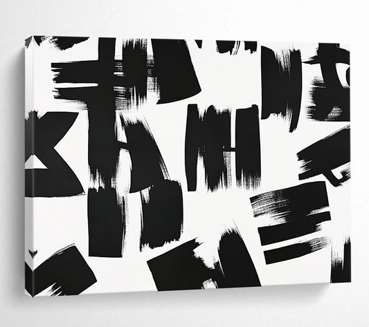 “Chaotic Black - White Brush Marks” - Black, White, Dynamic Marks Painting On Canvas HB0805