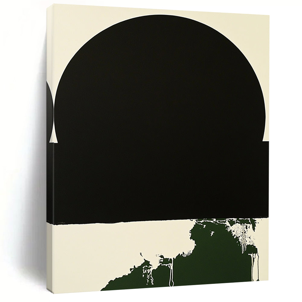 Contemporary hand-painted abstract art featuring a minimalist black circle with a white border and a small dark green splash on a black background. DLZ1382