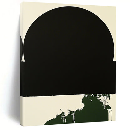 Contemporary hand-painted abstract art featuring a minimalist black circle with a white border and a small dark green splash on a black background. DLZ1382
