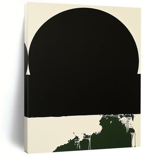 Contemporary hand-painted abstract art featuring a minimalist black circle with a white border and a small dark green splash on a black background. DLZ1382