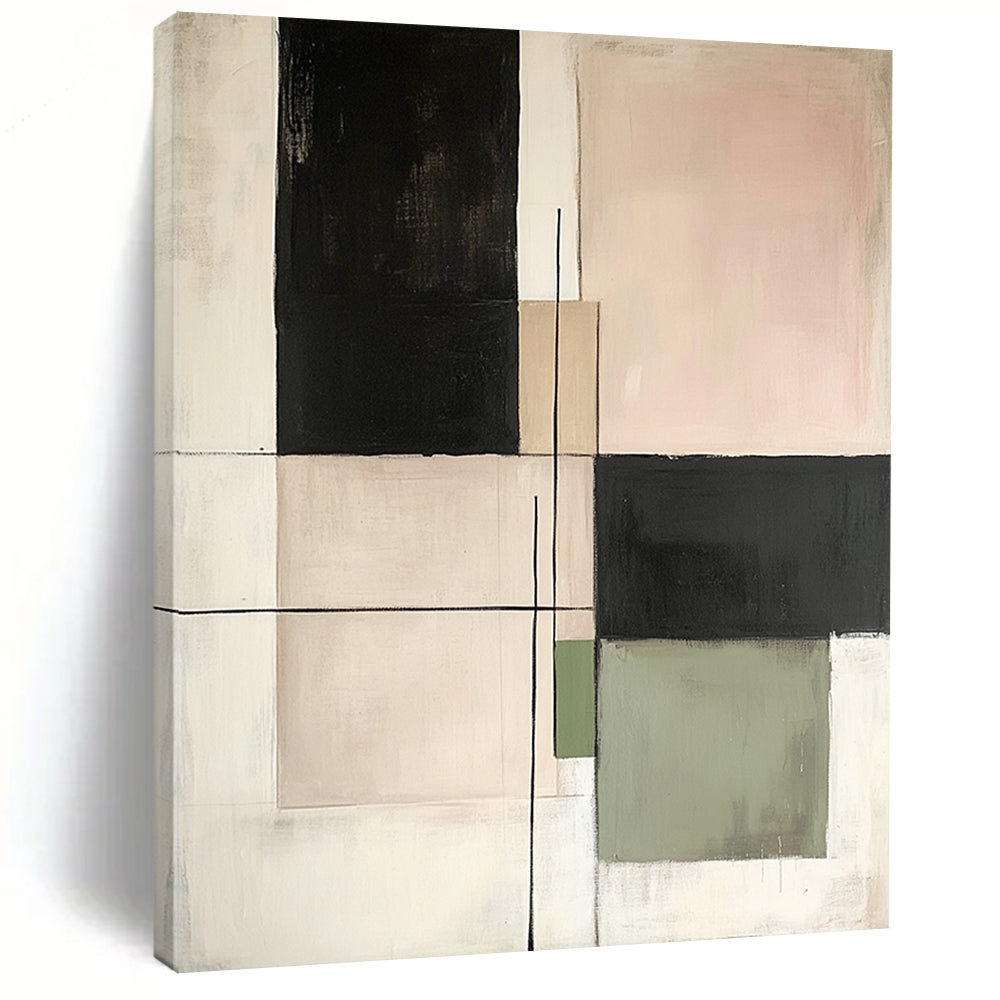Contemporary hand-painted abstract art featuring minimalist squares and lines in neutral tones of beige black green and white on canvas. DLZ1629