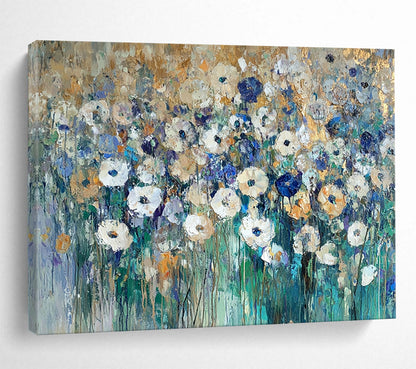 “Gilded Wildflower Field” - Gold - tipped white flowers, blue greens, Impasto Floral Painting On Canvas HB0581