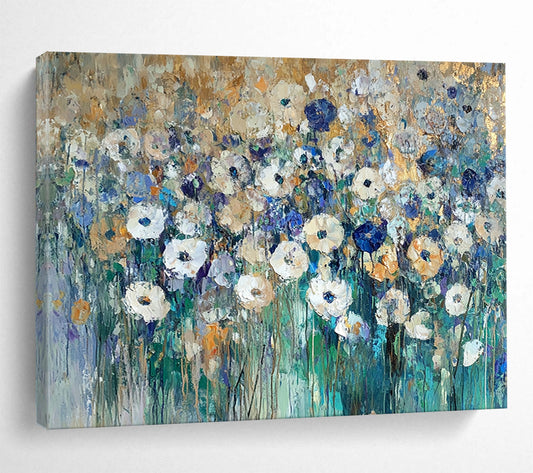 “Gilded Wildflower Field” - Gold - tipped white flowers, blue greens, Impasto Floral Painting On Canvas HB0581