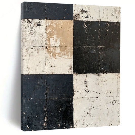 Black, White, Beige, Patchwork Squares "Vintage Patchwork" Abstract Minimalist Painting On Canvas HB152