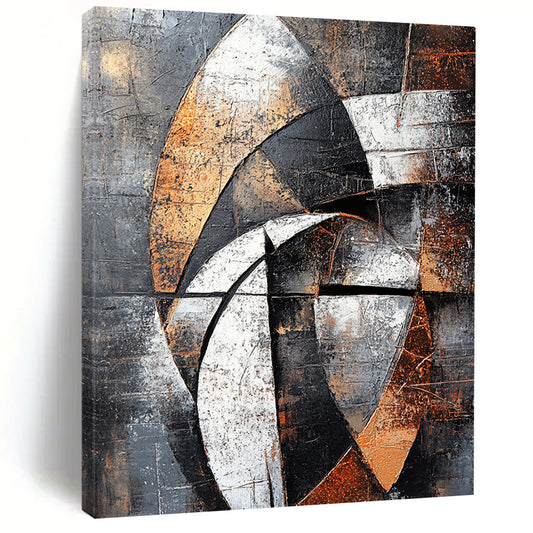 Gray, Black, White, Brown, Geometric Arcs "Industrial Rhythm" Abstract Cubist - Inspired Painting On Canvas HB061