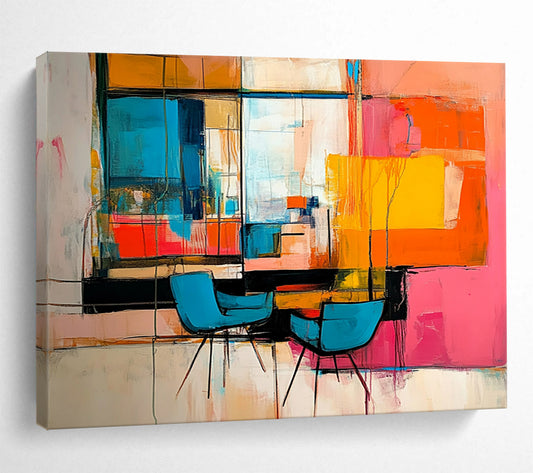 “Vibrant Interior Abstraction” - Multicolor, Abstract Interior Scene with Chairs HB1119