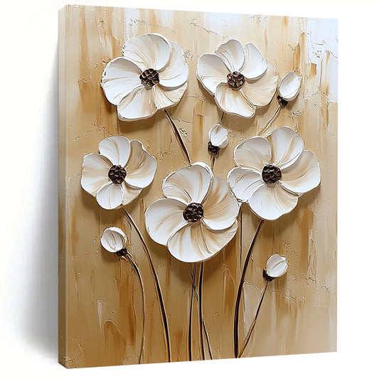 Contemporary hand-painted abstract art featuring textured white flowers on a calming beige background with an elegant neutral color palette. DLZ0262