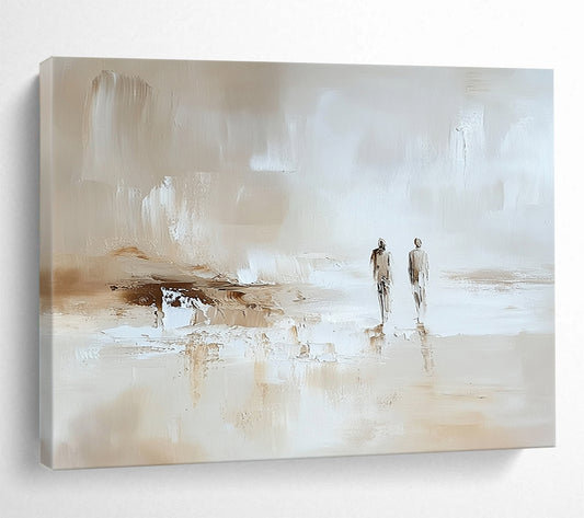 “Beach Stroll in Neutral Tones” - Beige, white, brown; Two figures walking on an abstract beach; Impasto Oil Painting On Canvas HB1196