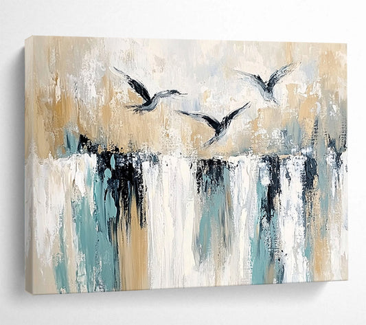 “Birds Over Textured Landscape” - Beige, Teal, Black, Bird Silhouettes - Painting On Canvas HB1412