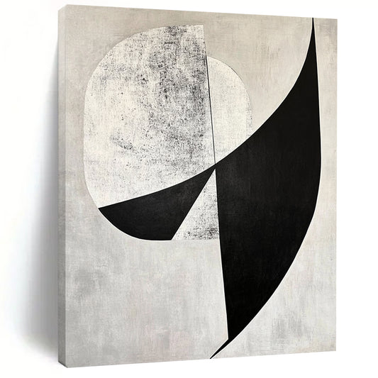 Contemporary abstract art features bold black and white shapes with diagonal cuts against a gray background and geometric figures adding depth. DLZ1400