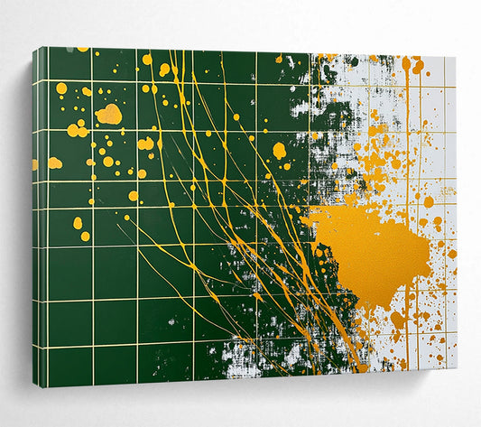 “Gold - Splatter Grid” - Green grid, yellow splatters, Abstract Painting On Canvas HB0558